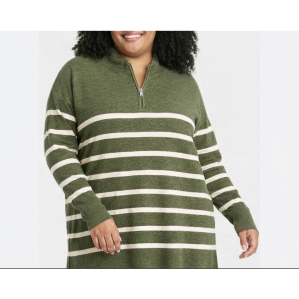 AVA & VIV Green & White Striped Quarter-Zip Sweater 1X